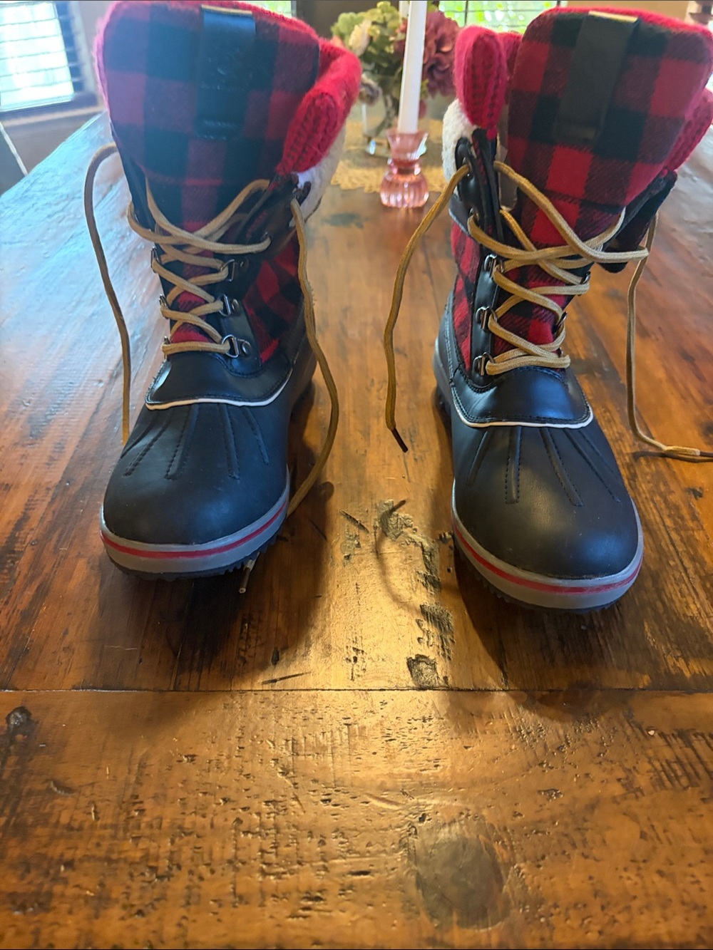 Women’s Black and Red Plaid Winter Duck Boots